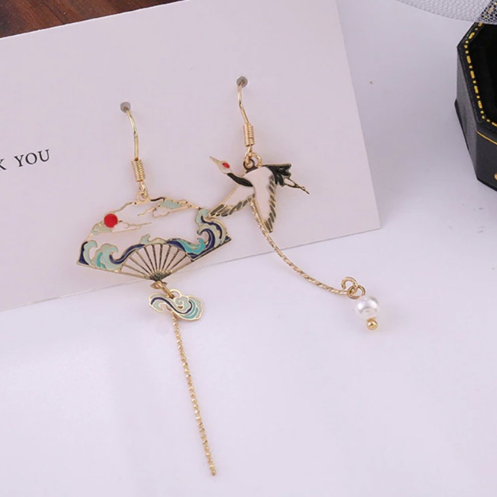 Japanese Style Crane & Fan Drop Earrings